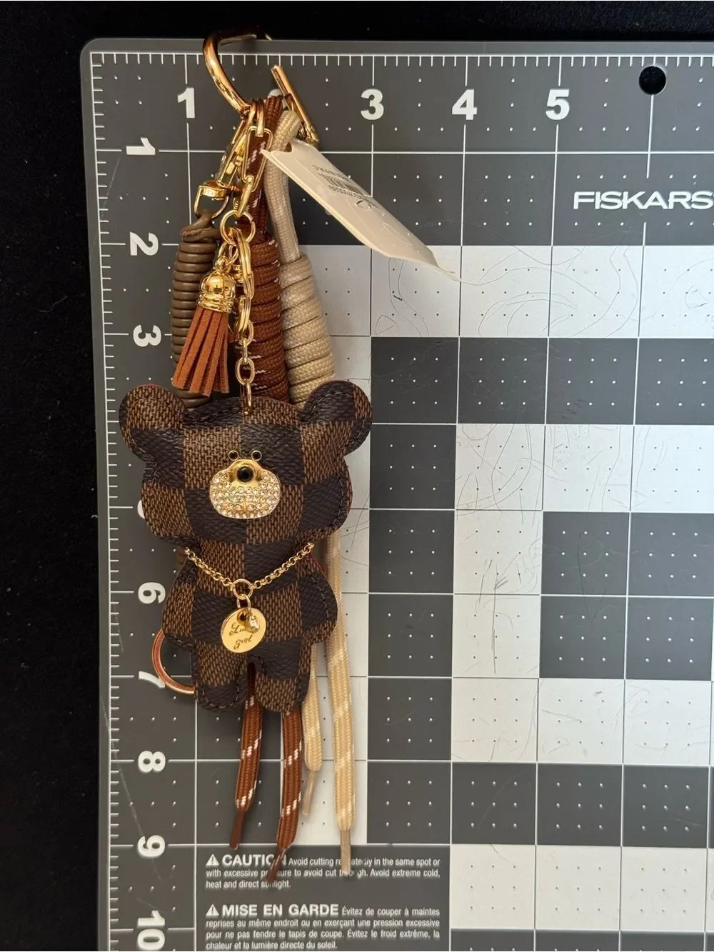 White Floral Print Bear Keychain Bag Charm Gold Accent Coordinating Cord NWT